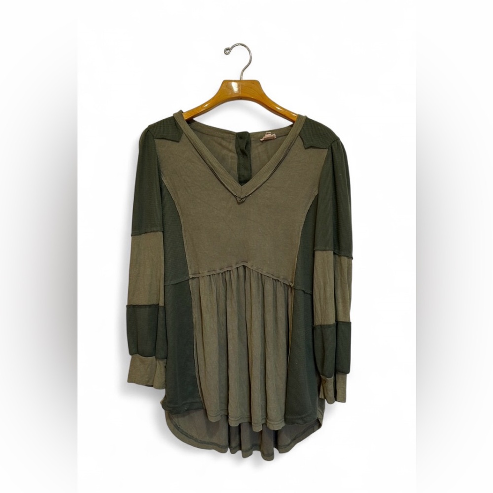 Pol Two-Tone Green Patchwork Blouse - image 1